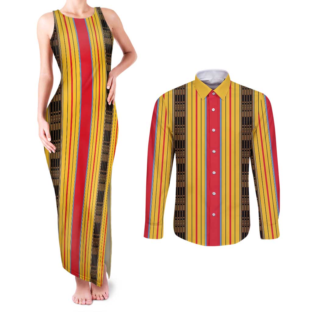 Eritrea Traditional Saho Couples Matching Tank Maxi Dress and Long Sleeve Button Shirt Mix Tilet Pattern