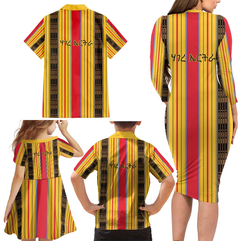 Eritrea Traditional Saho Family Matching Long Sleeve Bodycon Dress and Hawaiian Shirt Mix Tilet Pattern