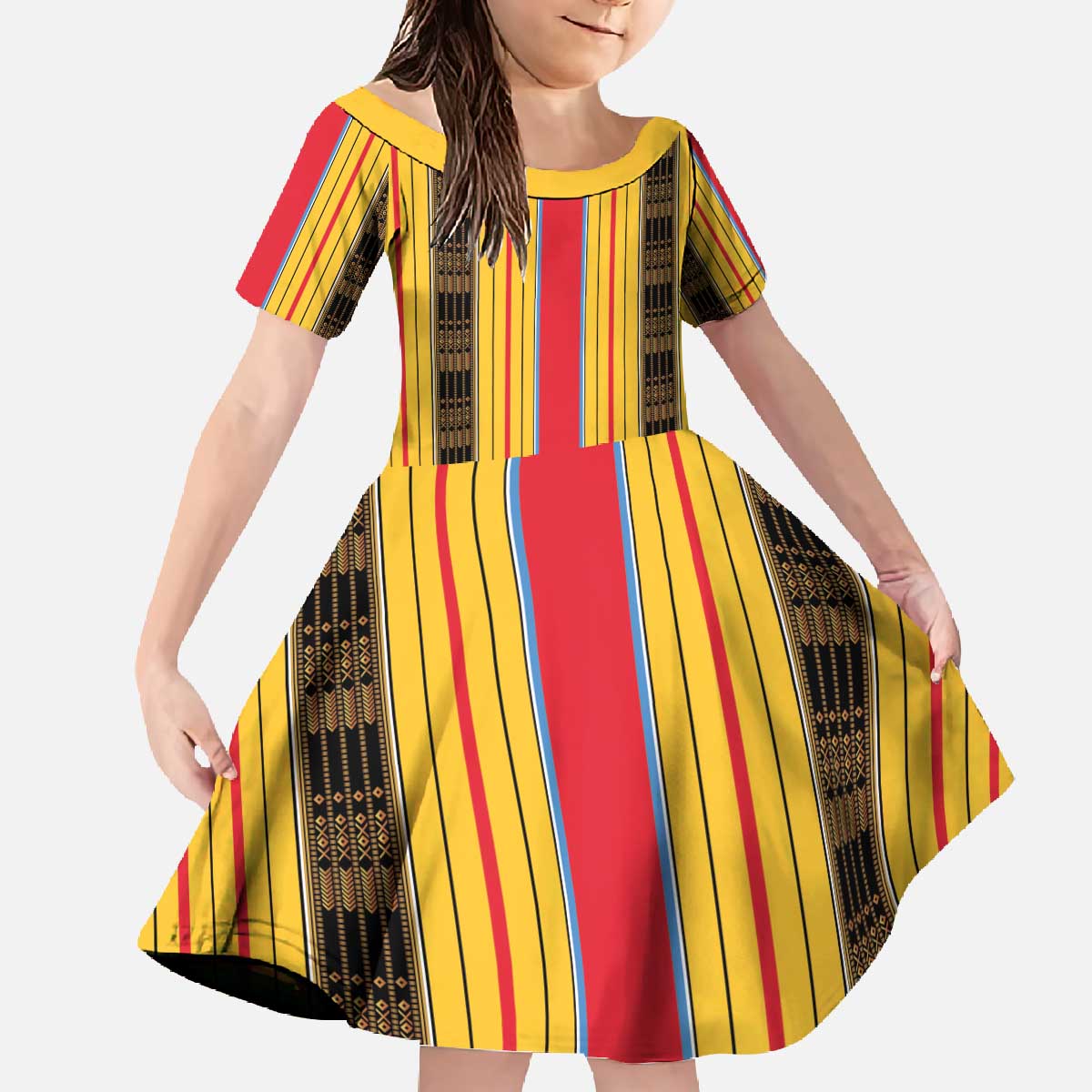 Eritrea Traditional Saho Family Matching Off The Shoulder Long Sleeve Dress and Hawaiian Shirt Mix Tilet Pattern