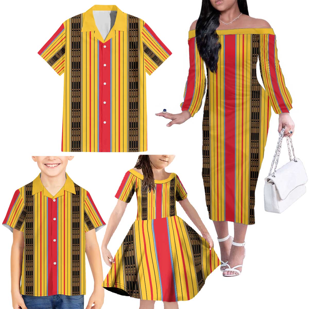 Eritrea Traditional Saho Family Matching Off The Shoulder Long Sleeve Dress and Hawaiian Shirt Mix Tilet Pattern
