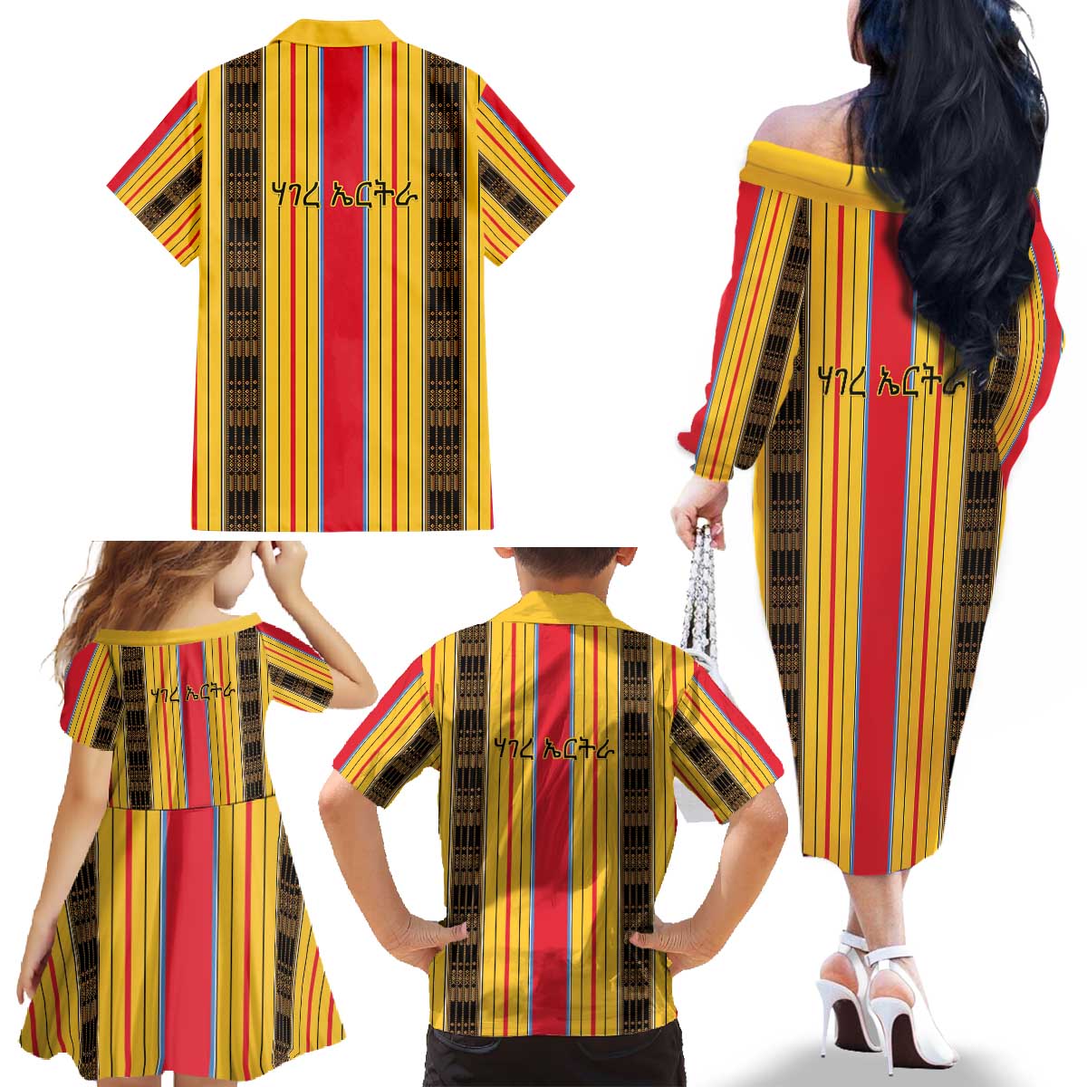 Eritrea Traditional Saho Family Matching Off The Shoulder Long Sleeve Dress and Hawaiian Shirt Mix Tilet Pattern