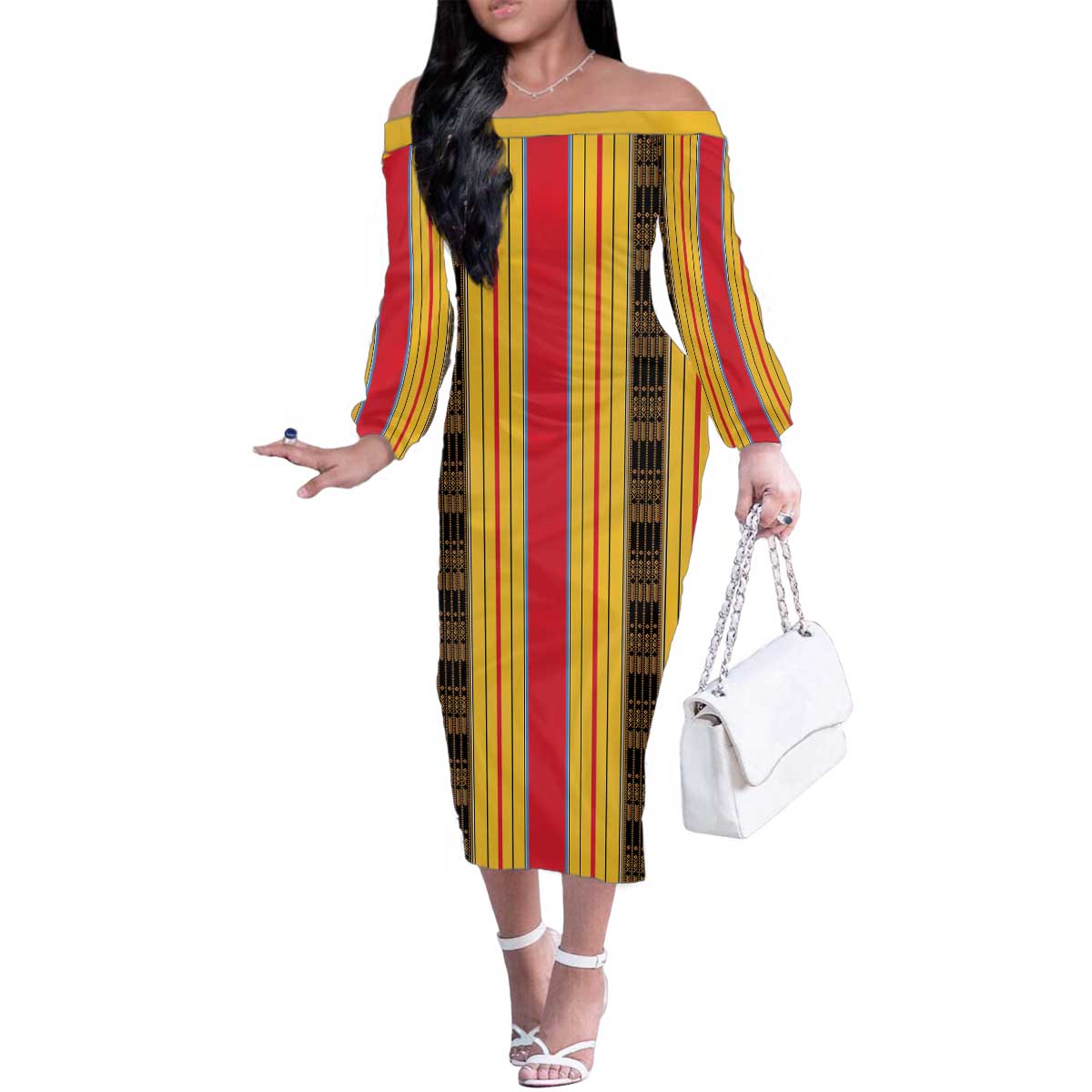 Eritrea Traditional Saho Family Matching Off The Shoulder Long Sleeve Dress and Hawaiian Shirt Mix Tilet Pattern