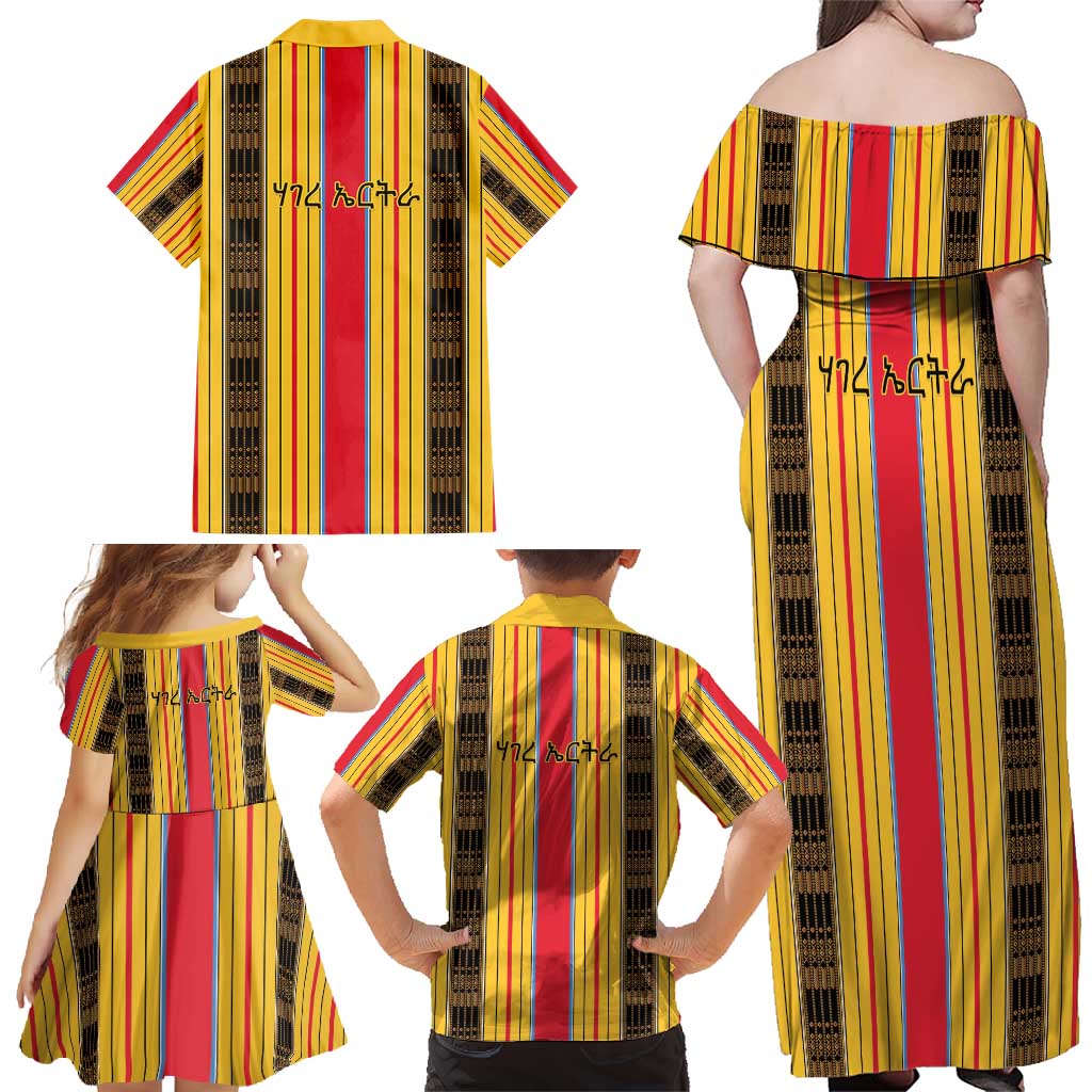 Eritrea Traditional Saho Family Matching Off Shoulder Maxi Dress and Hawaiian Shirt Mix Tilet Pattern