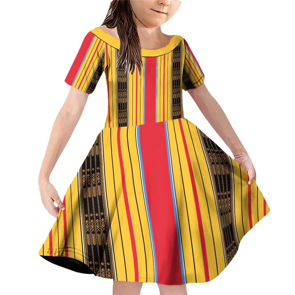Eritrea Traditional Saho Family Matching Off Shoulder Short Dress and Hawaiian Shirt Mix Tilet Pattern