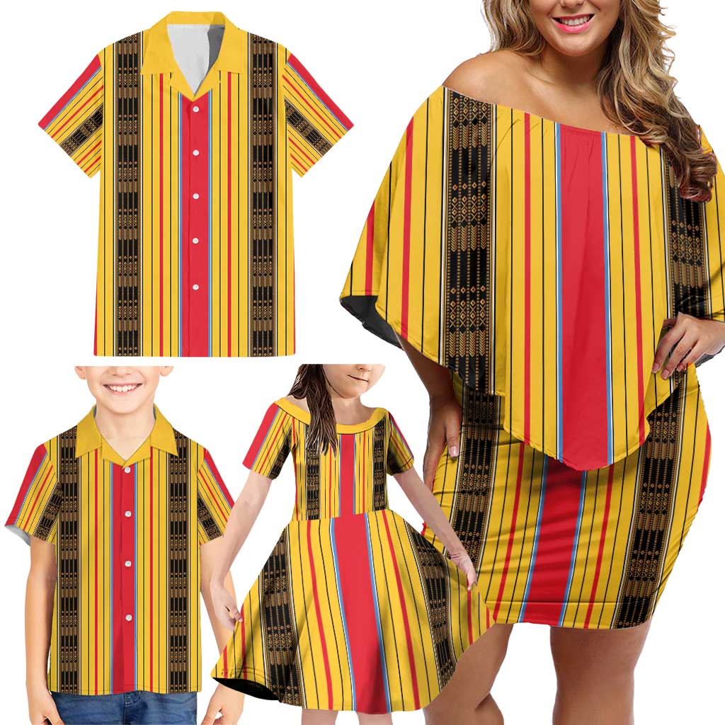 Eritrea Traditional Saho Family Matching Off Shoulder Short Dress and Hawaiian Shirt Mix Tilet Pattern