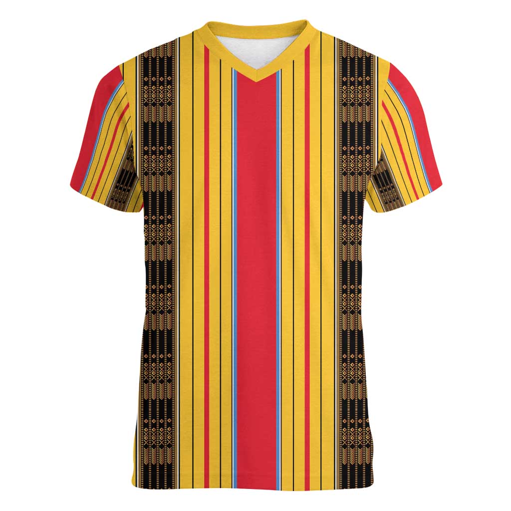 Eritrea Traditional Saho Women V-Neck T-Shirt Mix Tilet Pattern
