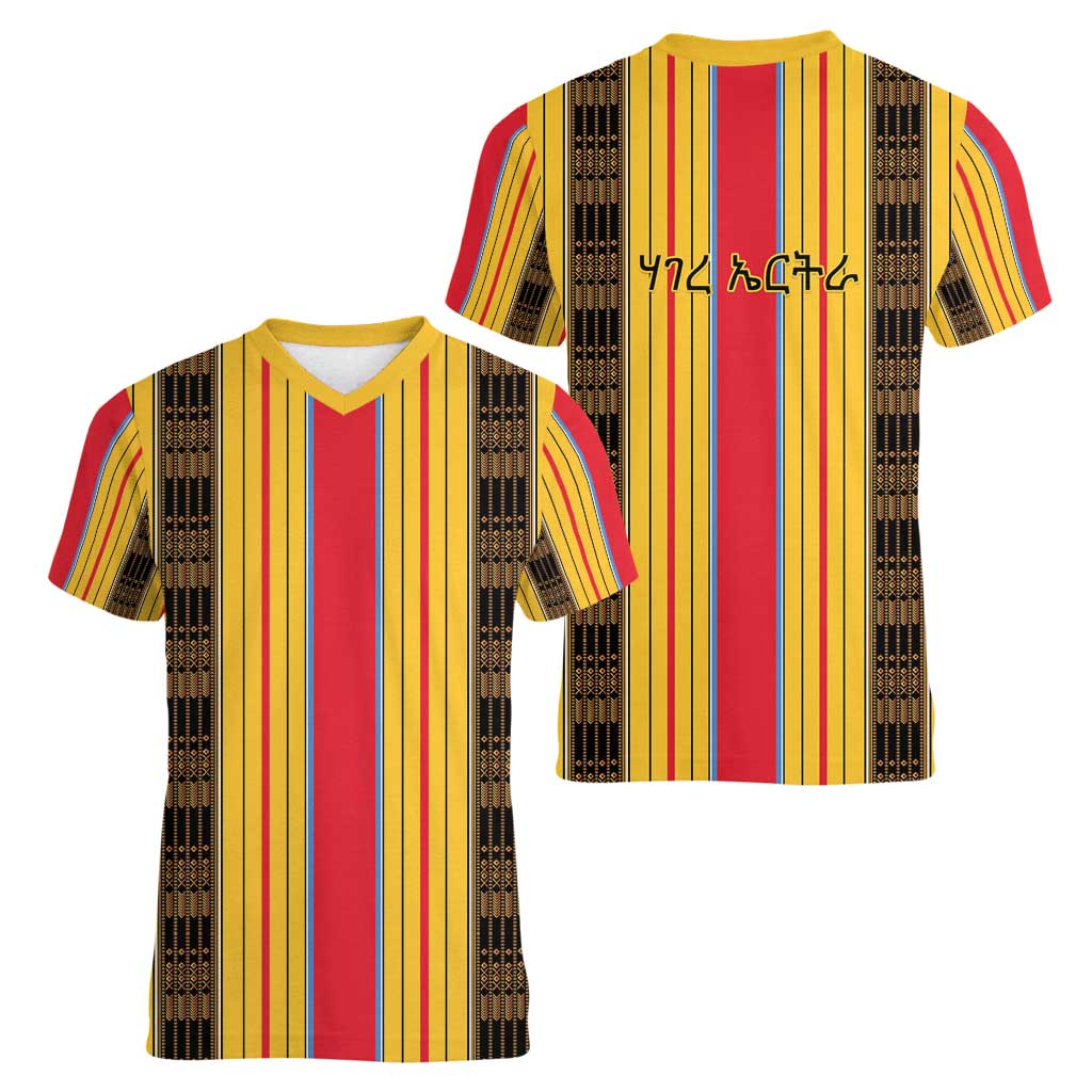 Eritrea Traditional Saho Women V-Neck T-Shirt Mix Tilet Pattern