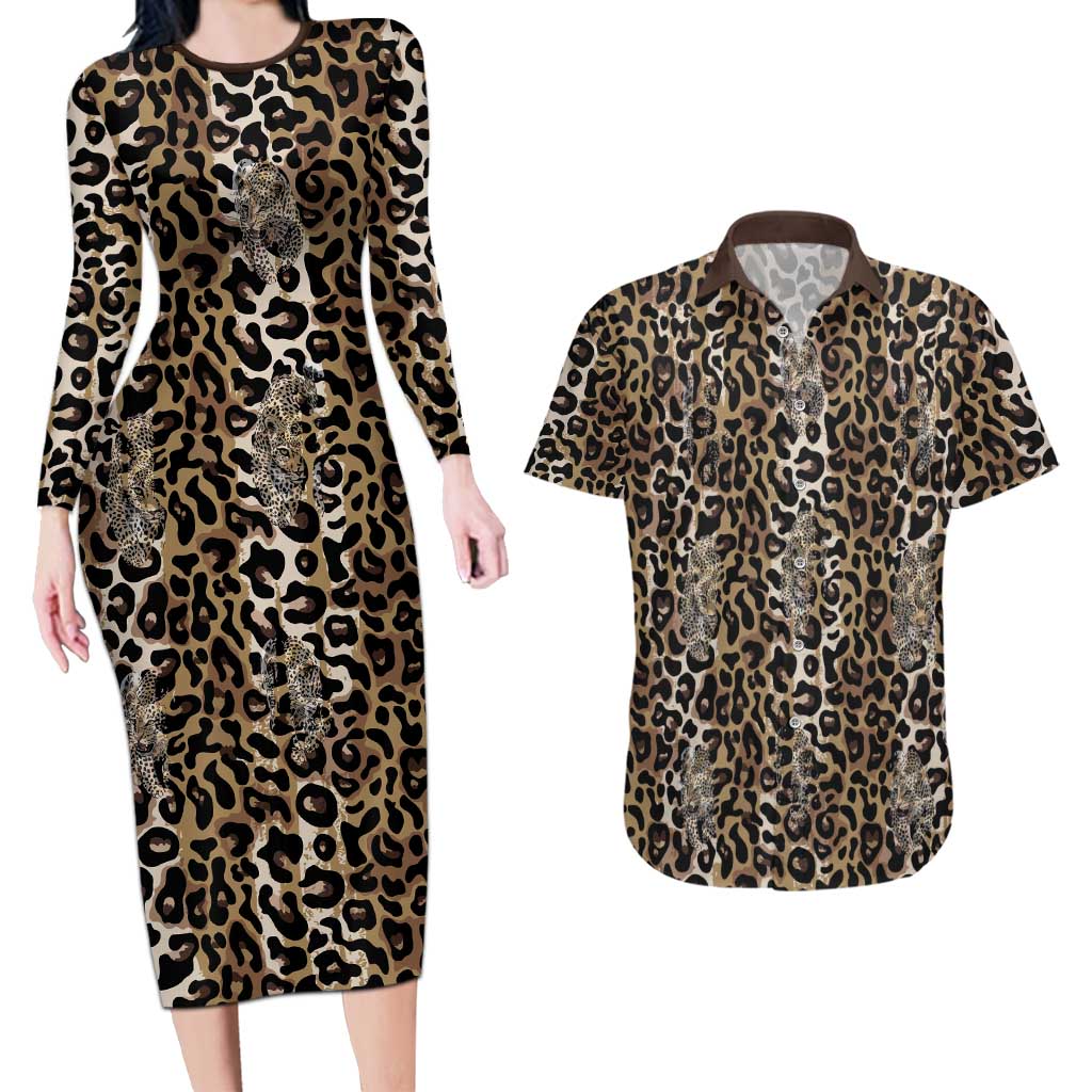 African Leopard Skin Pattern Couples Matching Long Sleeve Bodycon Dress and Hawaiian Shirt