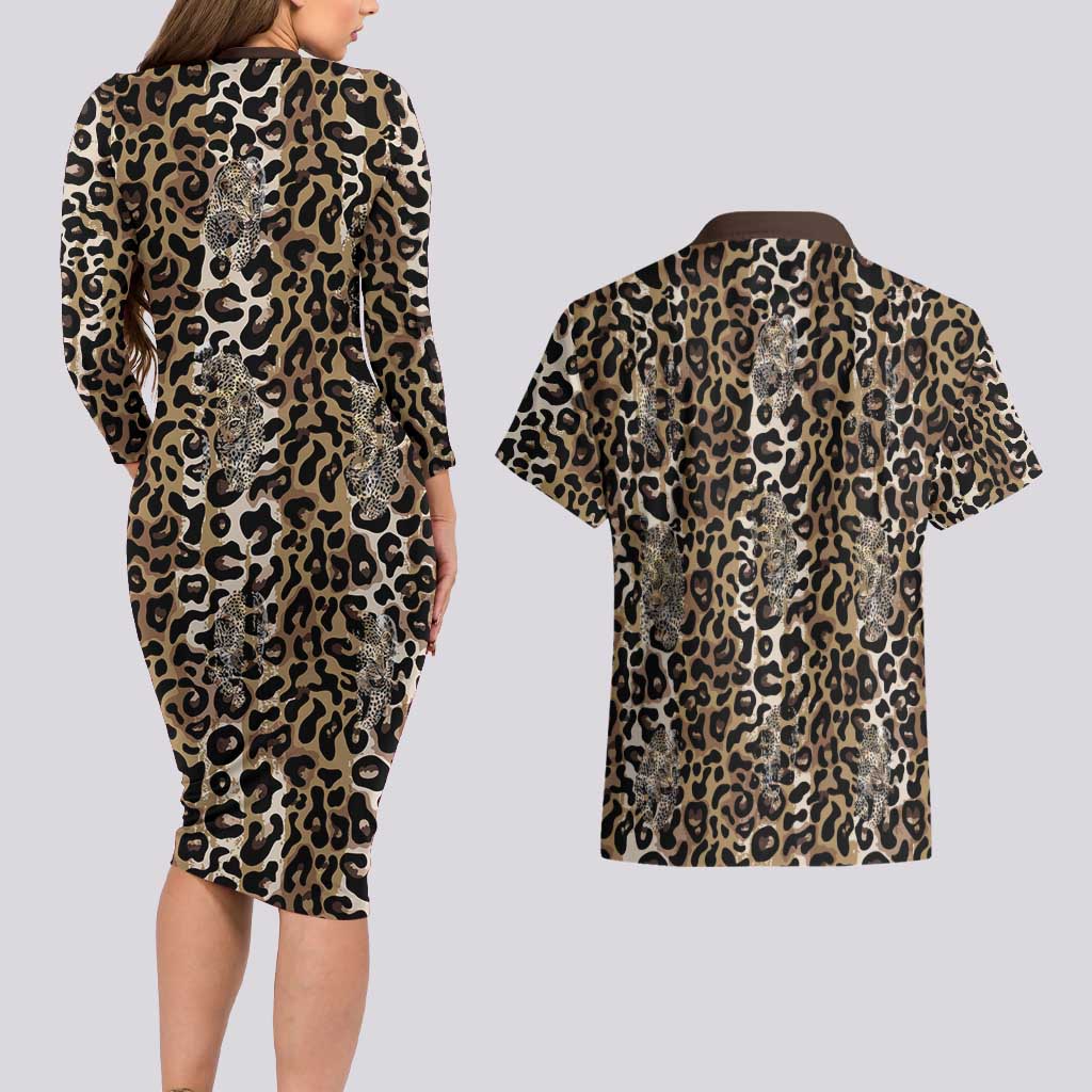 African Leopard Skin Pattern Couples Matching Long Sleeve Bodycon Dress and Hawaiian Shirt
