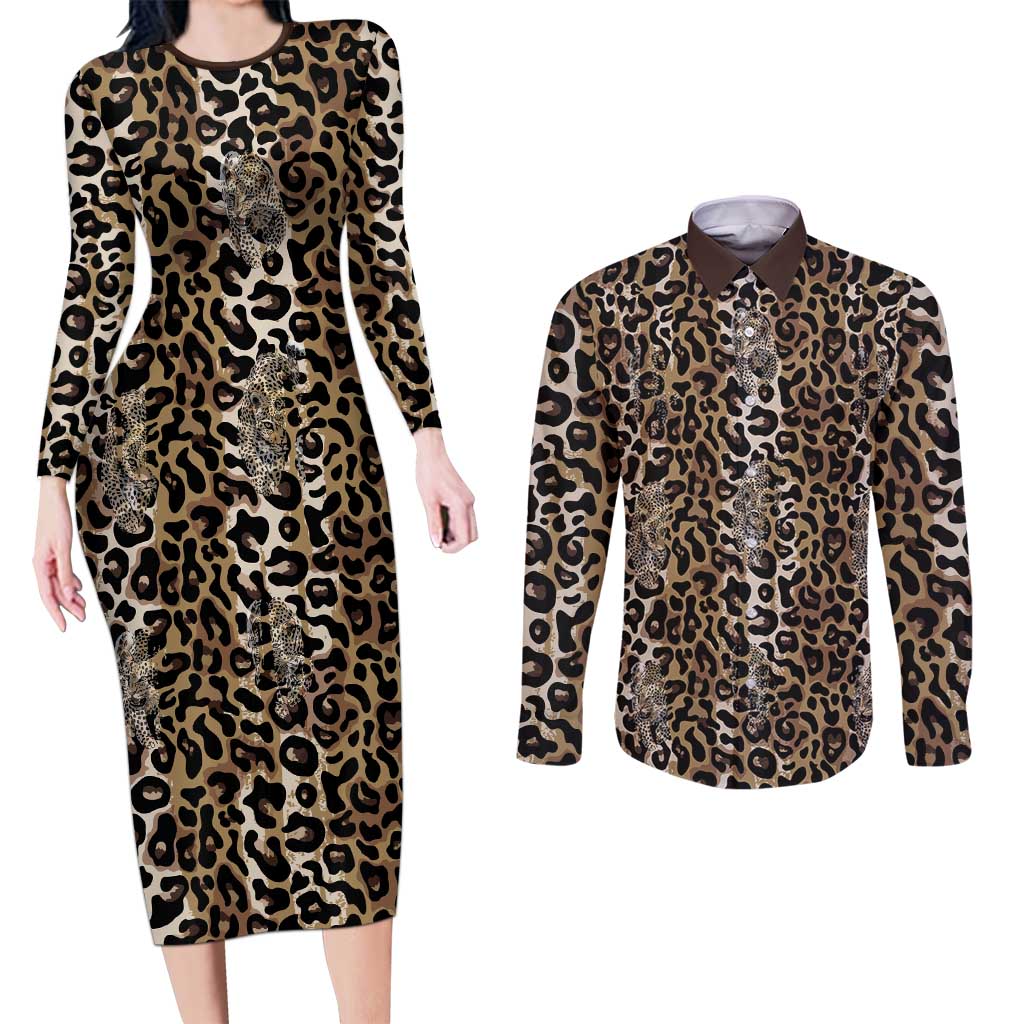 African Leopard Skin Pattern Couples Matching Long Sleeve Bodycon Dress and Long Sleeve Button Shirt