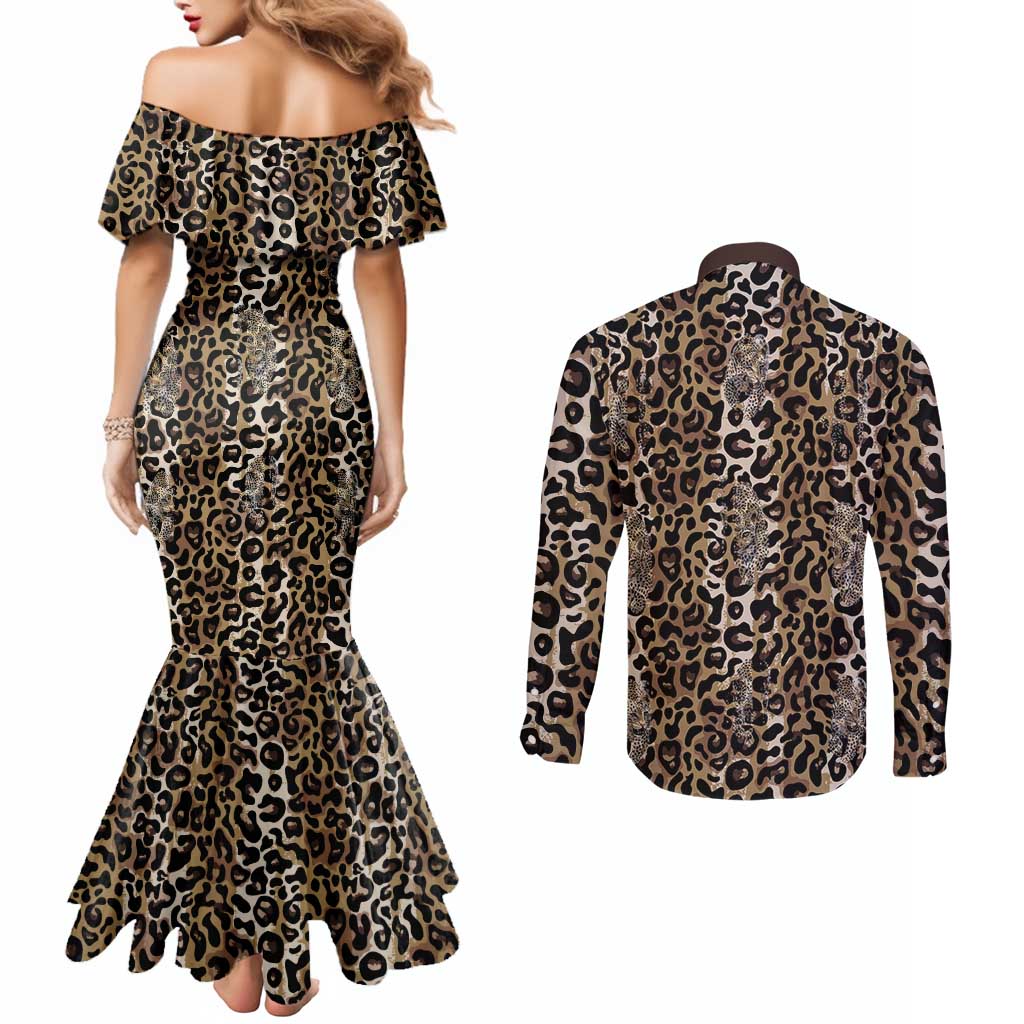African Leopard Skin Pattern Couples Matching Mermaid Dress and Long Sleeve Button Shirt