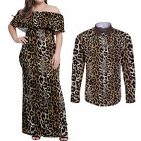 African Leopard Skin Pattern Couples Matching Off Shoulder Maxi Dress and Long Sleeve Button Shirt