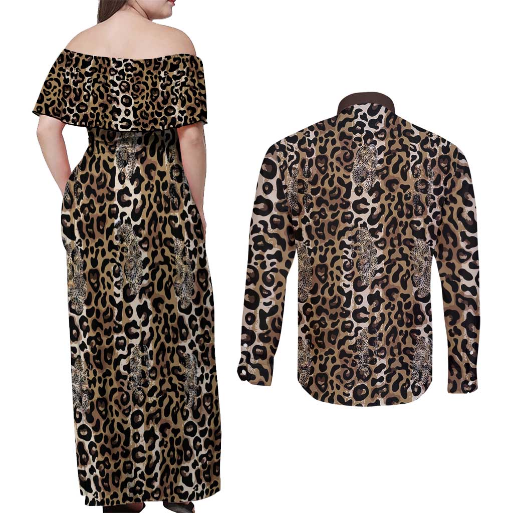 African Leopard Skin Pattern Couples Matching Off Shoulder Maxi Dress and Long Sleeve Button Shirt