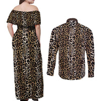 African Leopard Skin Pattern Couples Matching Off Shoulder Maxi Dress and Long Sleeve Button Shirt