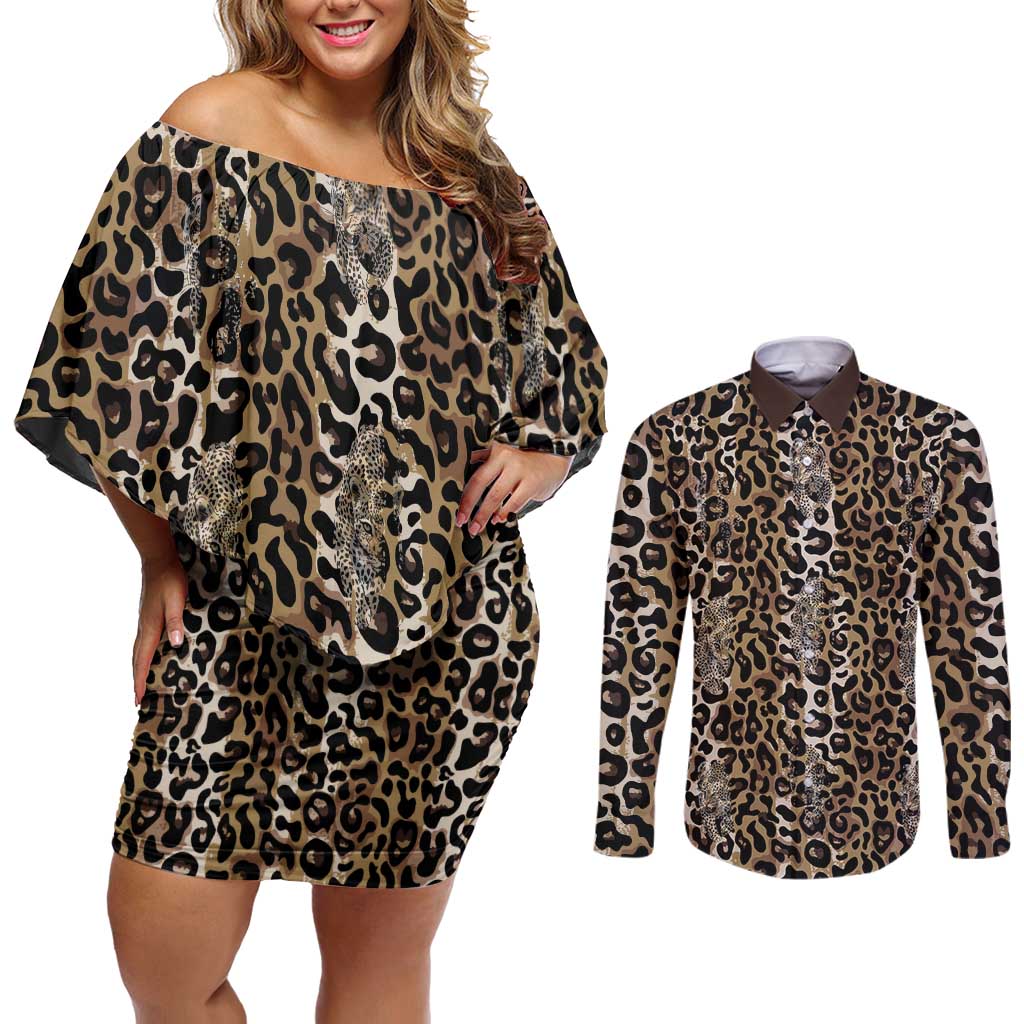 African Leopard Skin Pattern Couples Matching Off Shoulder Short Dress and Long Sleeve Button Shirt