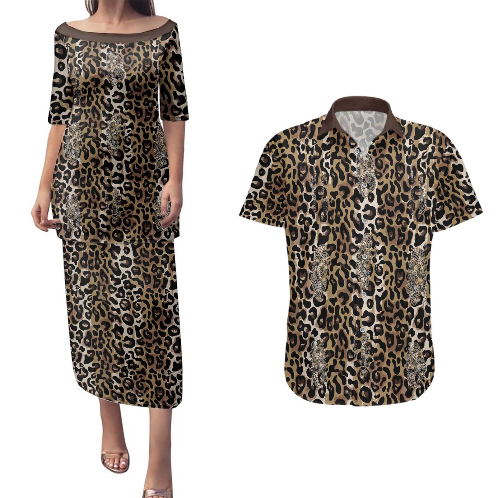 African Leopard Skin Pattern Couples Matching Puletasi and Hawaiian Shirt