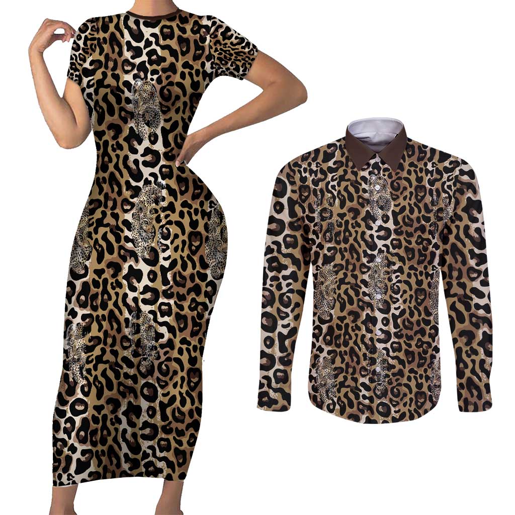 African Leopard Skin Pattern Couples Matching Short Sleeve Bodycon Dress and Long Sleeve Button Shirt
