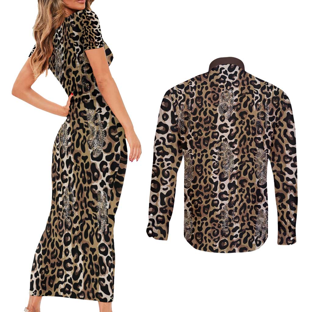 African Leopard Skin Pattern Couples Matching Short Sleeve Bodycon Dress and Long Sleeve Button Shirt