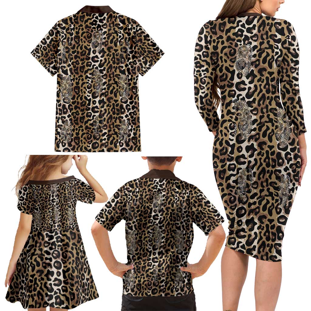 African Leopard Skin Pattern Family Matching Long Sleeve Bodycon Dress and Hawaiian Shirt