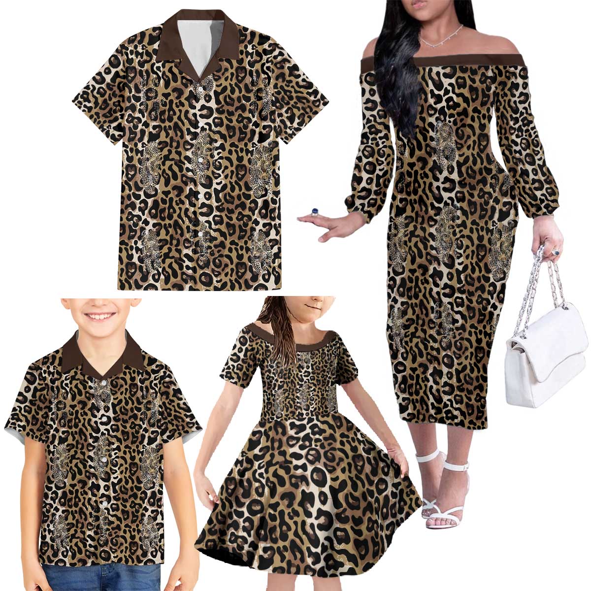 African Leopard Skin Pattern Family Matching Off The Shoulder Long Sleeve Dress and Hawaiian Shirt