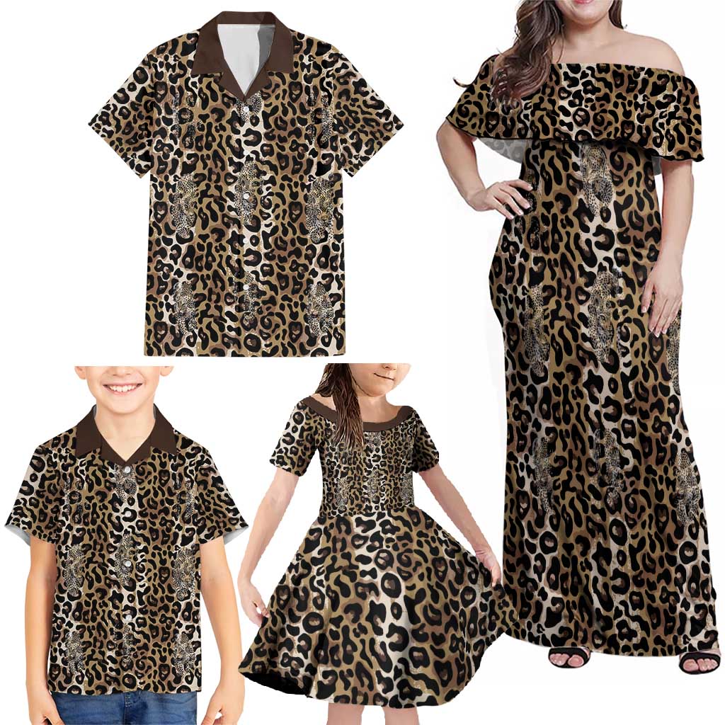 African Leopard Skin Pattern Family Matching Off Shoulder Maxi Dress and Hawaiian Shirt