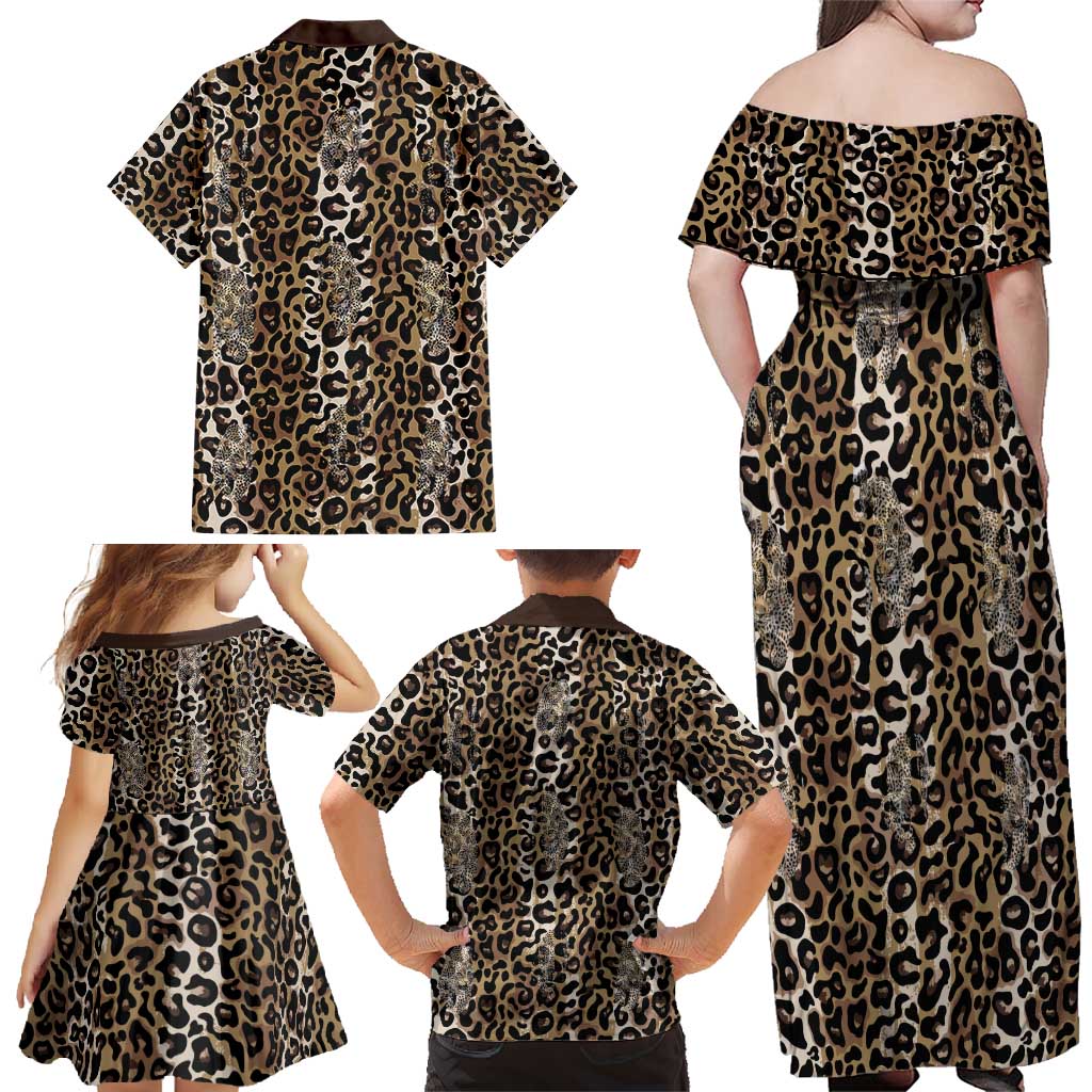 African Leopard Skin Pattern Family Matching Off Shoulder Maxi Dress and Hawaiian Shirt