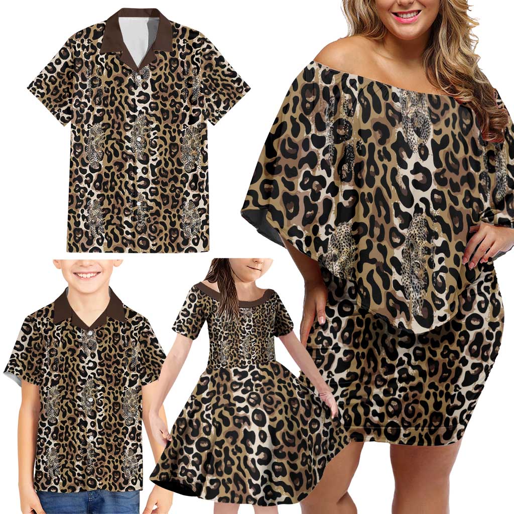 African Leopard Skin Pattern Family Matching Off Shoulder Short Dress and Hawaiian Shirt