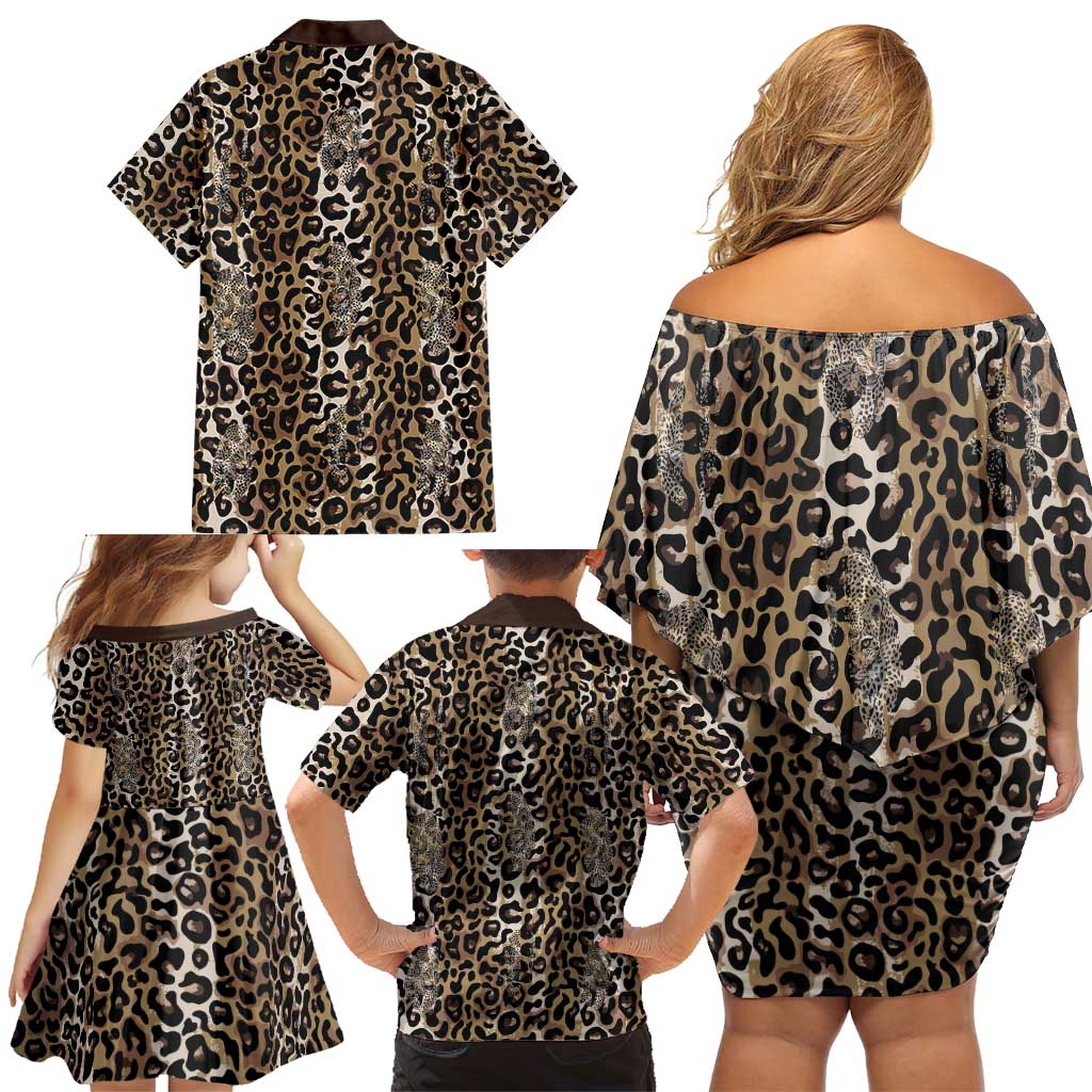 African Leopard Skin Pattern Family Matching Off Shoulder Short Dress and Hawaiian Shirt