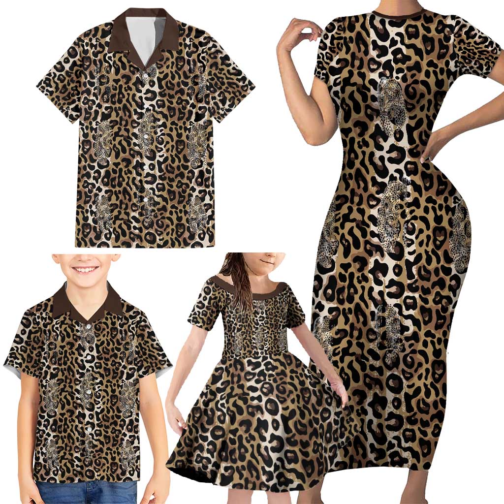 African Leopard Skin Pattern Family Matching Short Sleeve Bodycon Dress and Hawaiian Shirt