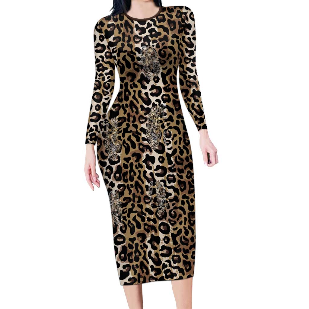 African Leopard Skin Pattern Long Sleeve Bodycon Dress
