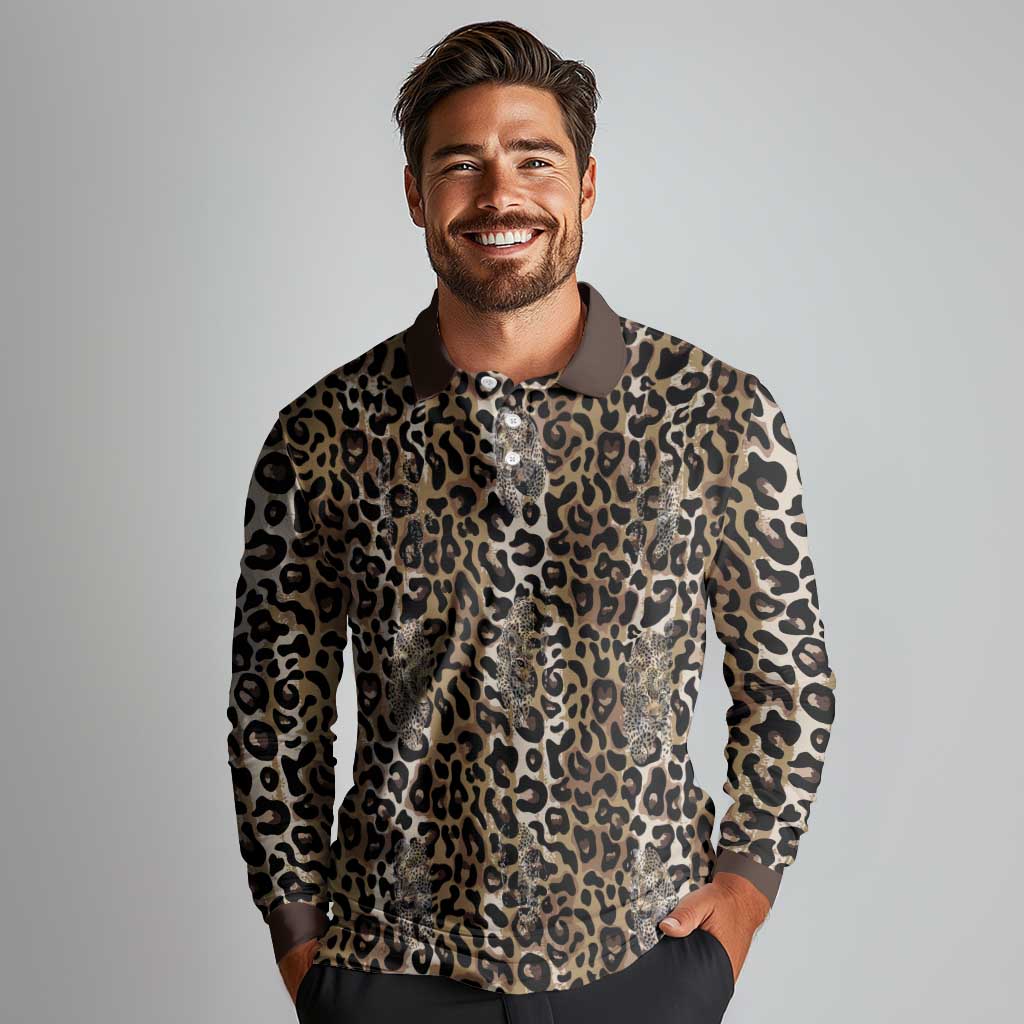 African Leopard Skin Pattern Long Sleeve Polo Shirt