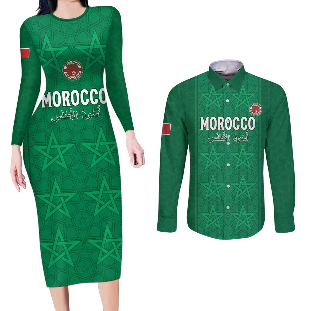 Custom Morocco Football Couples Matching Long Sleeve Bodycon Dress and Long Sleeve Button Shirt Sir Sir Sir