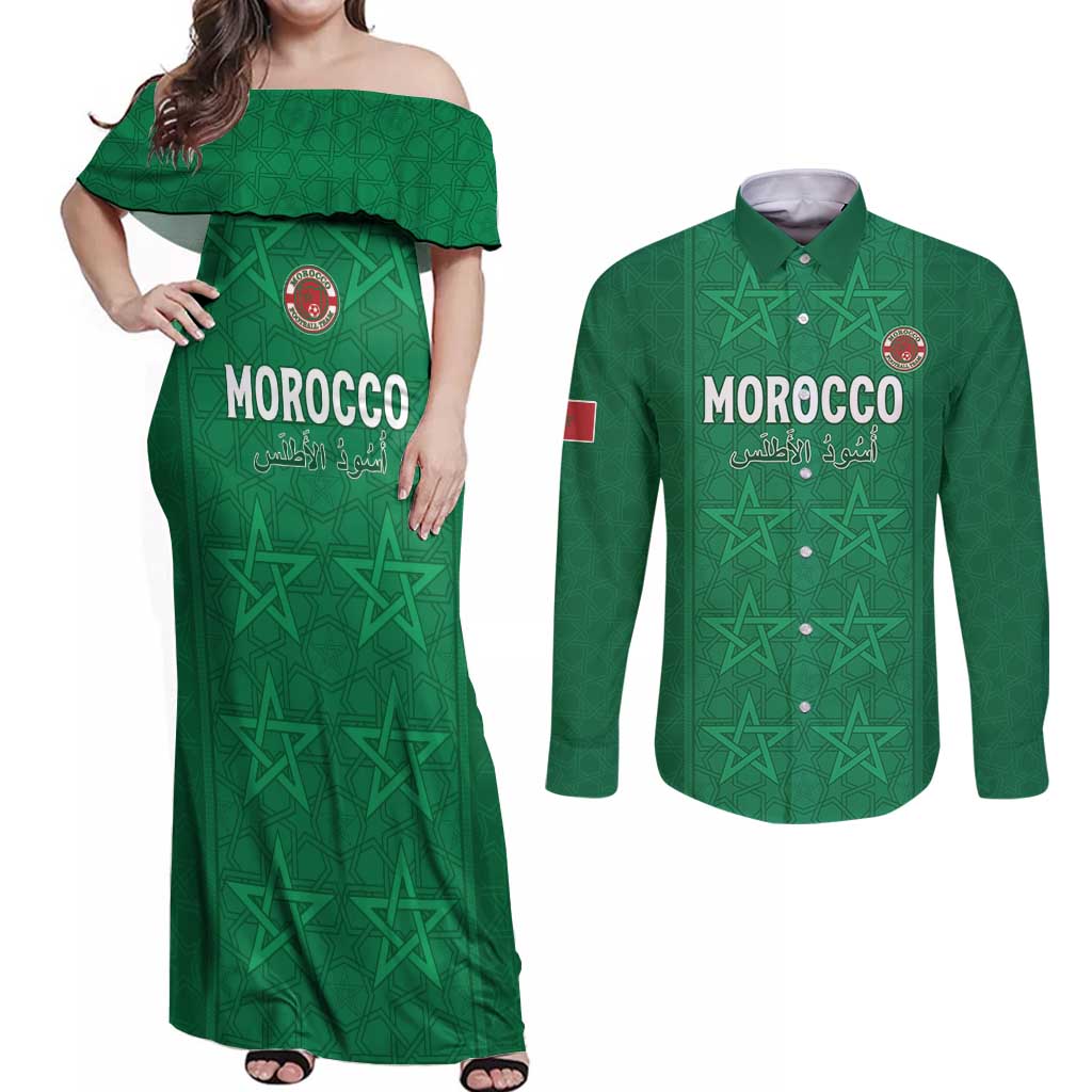 Custom Morocco Football Couples Matching Off Shoulder Maxi Dress and Long Sleeve Button Shirt Sir Sir Sir