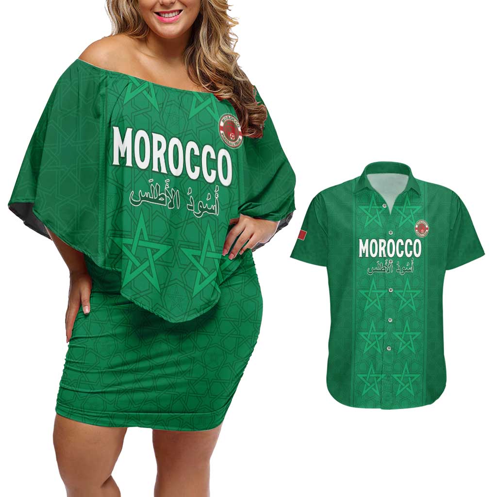 Custom Morocco Football Couples Matching Off Shoulder Short Dress and Hawaiian Shirt Sir Sir Sir