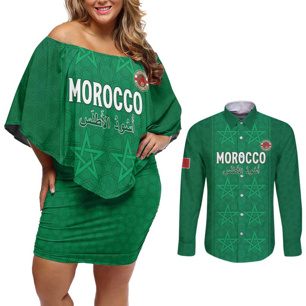 Custom Morocco Football Couples Matching Off Shoulder Short Dress and Long Sleeve Button Shirt Sir Sir Sir