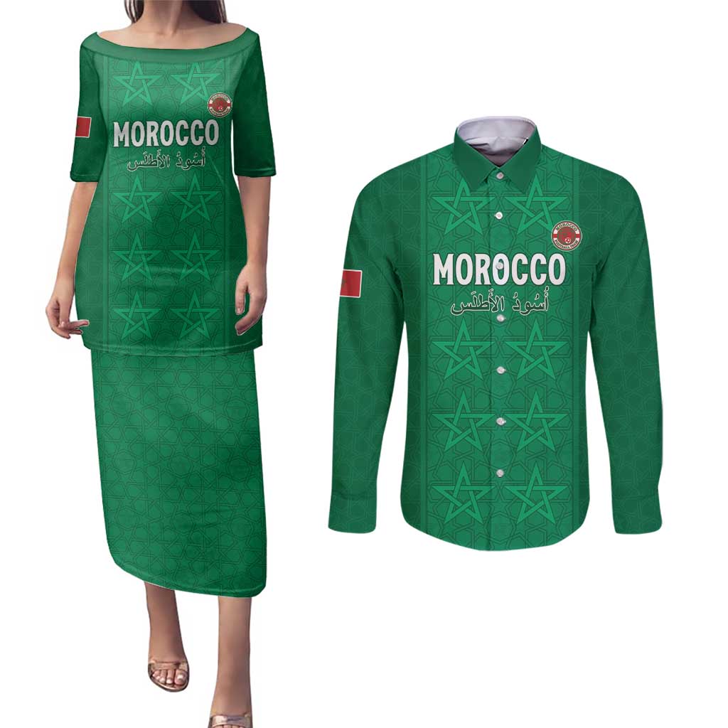 Custom Morocco Football Couples Matching Puletasi and Long Sleeve Button Shirt Sir Sir Sir