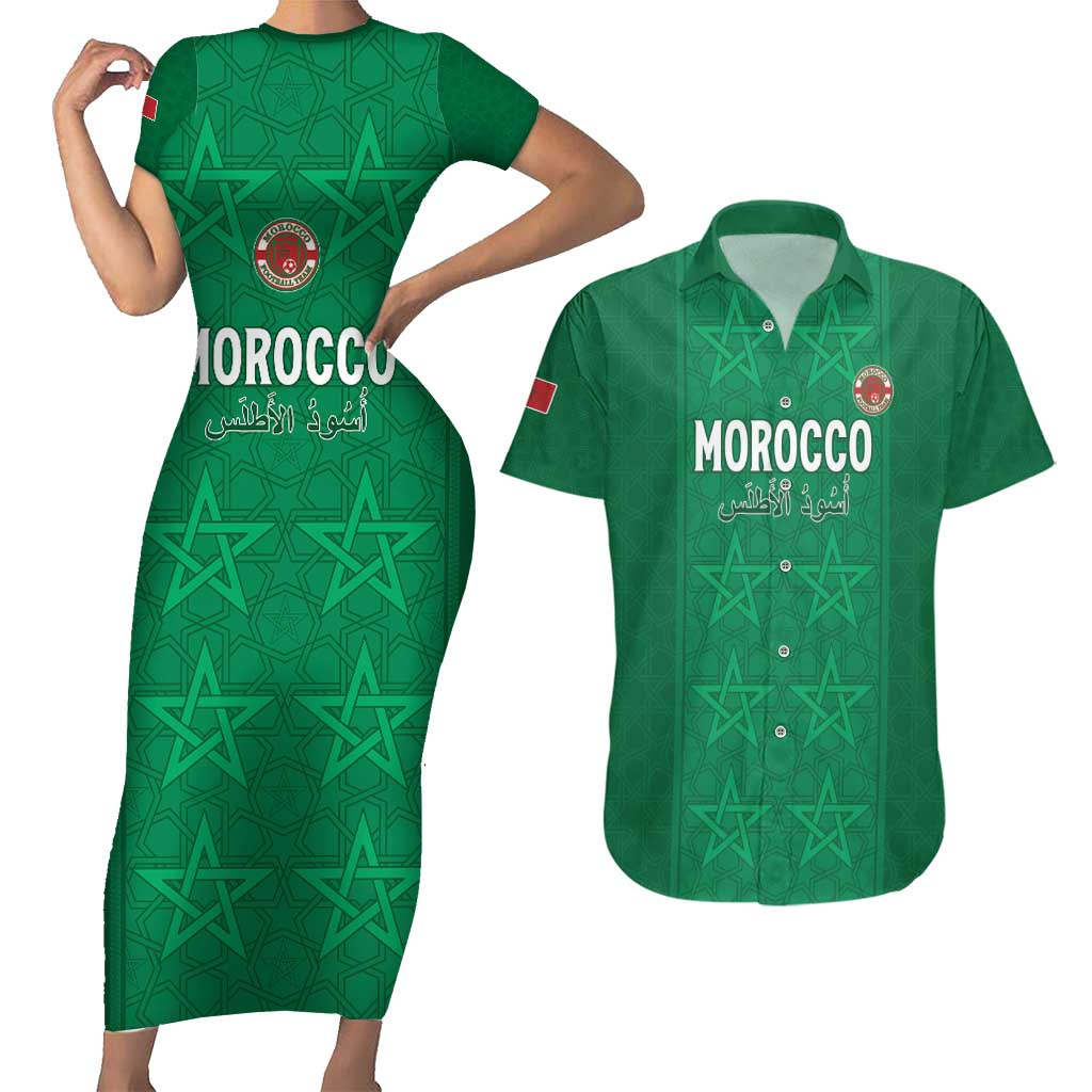 Custom Morocco Football Couples Matching Short Sleeve Bodycon Dress and Hawaiian Shirt Sir Sir Sir