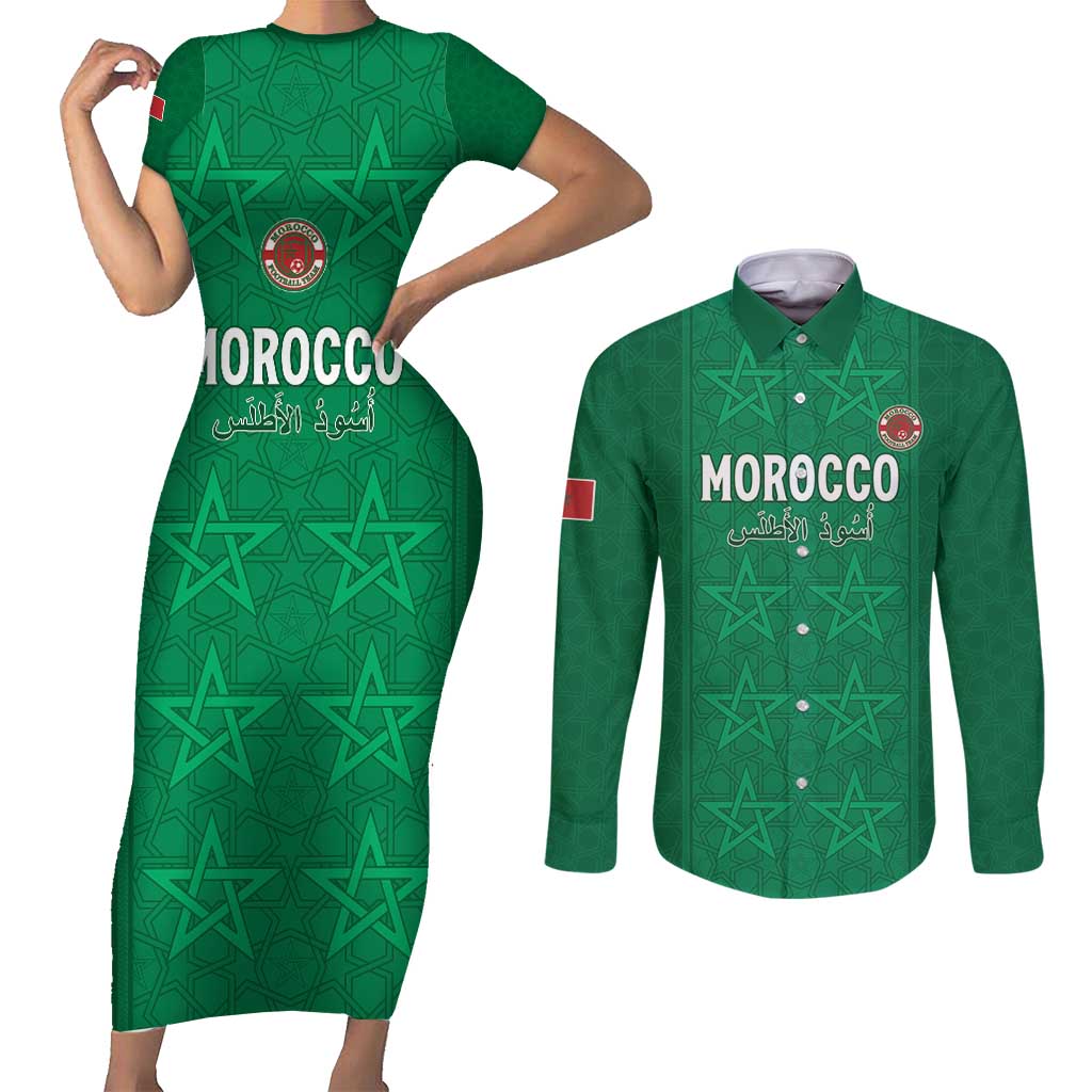 Custom Morocco Football Couples Matching Short Sleeve Bodycon Dress and Long Sleeve Button Shirt Sir Sir Sir