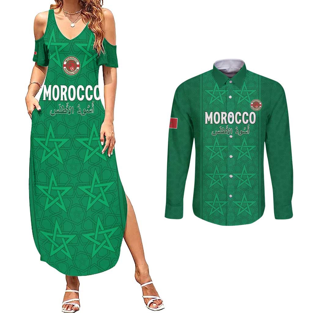 Custom Morocco Football Couples Matching Summer Maxi Dress and Long Sleeve Button Shirt Sir Sir Sir