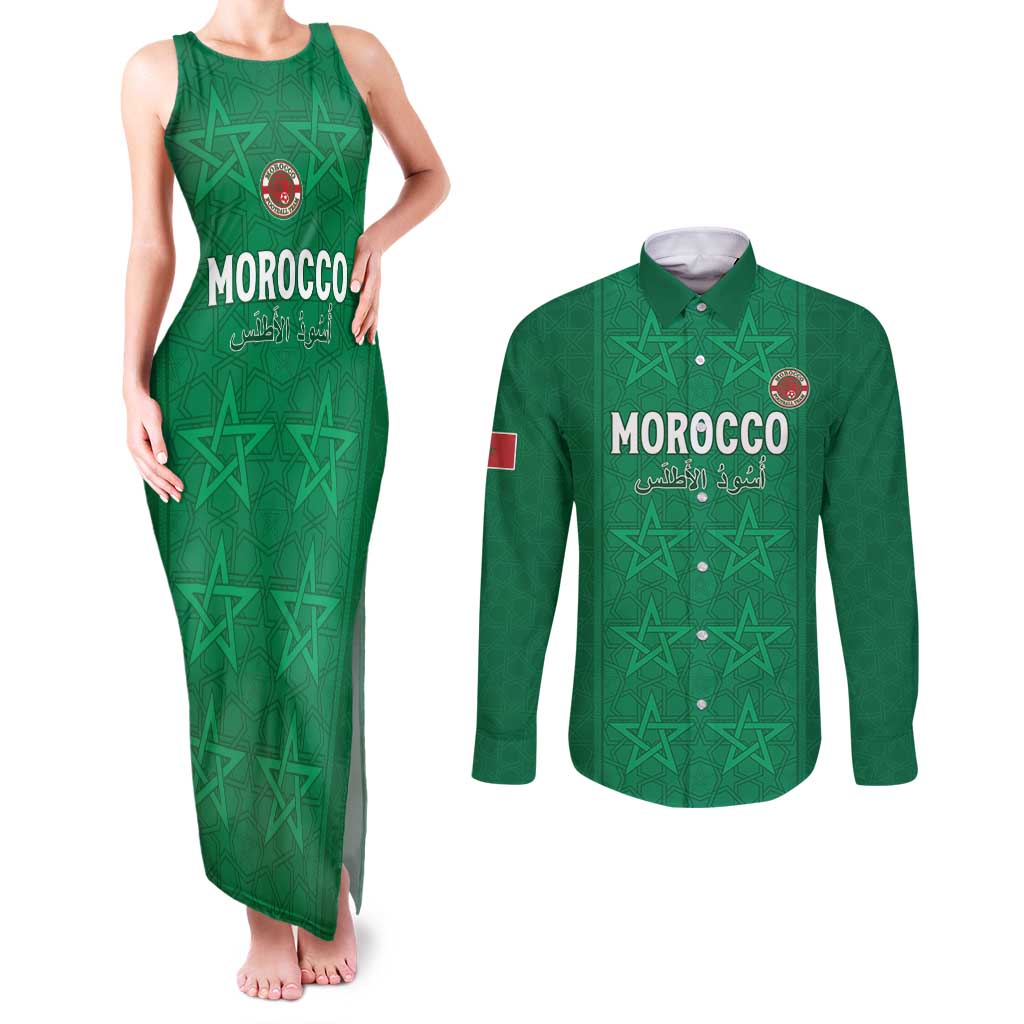 Custom Morocco Football Couples Matching Tank Maxi Dress and Long Sleeve Button Shirt Sir Sir Sir