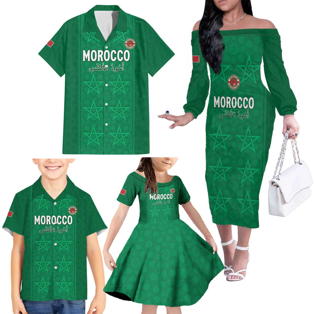 Custom Morocco Football Family Matching Off The Shoulder Long Sleeve Dress and Hawaiian Shirt Sir Sir Sir
