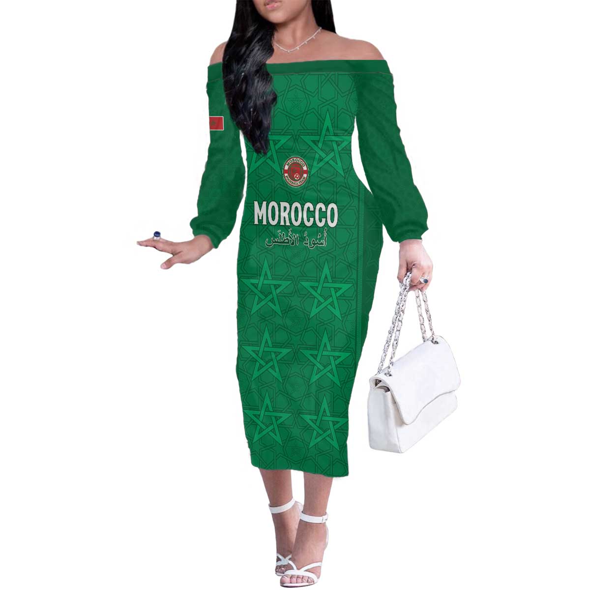 Custom Morocco Football Family Matching Off The Shoulder Long Sleeve Dress and Hawaiian Shirt Sir Sir Sir