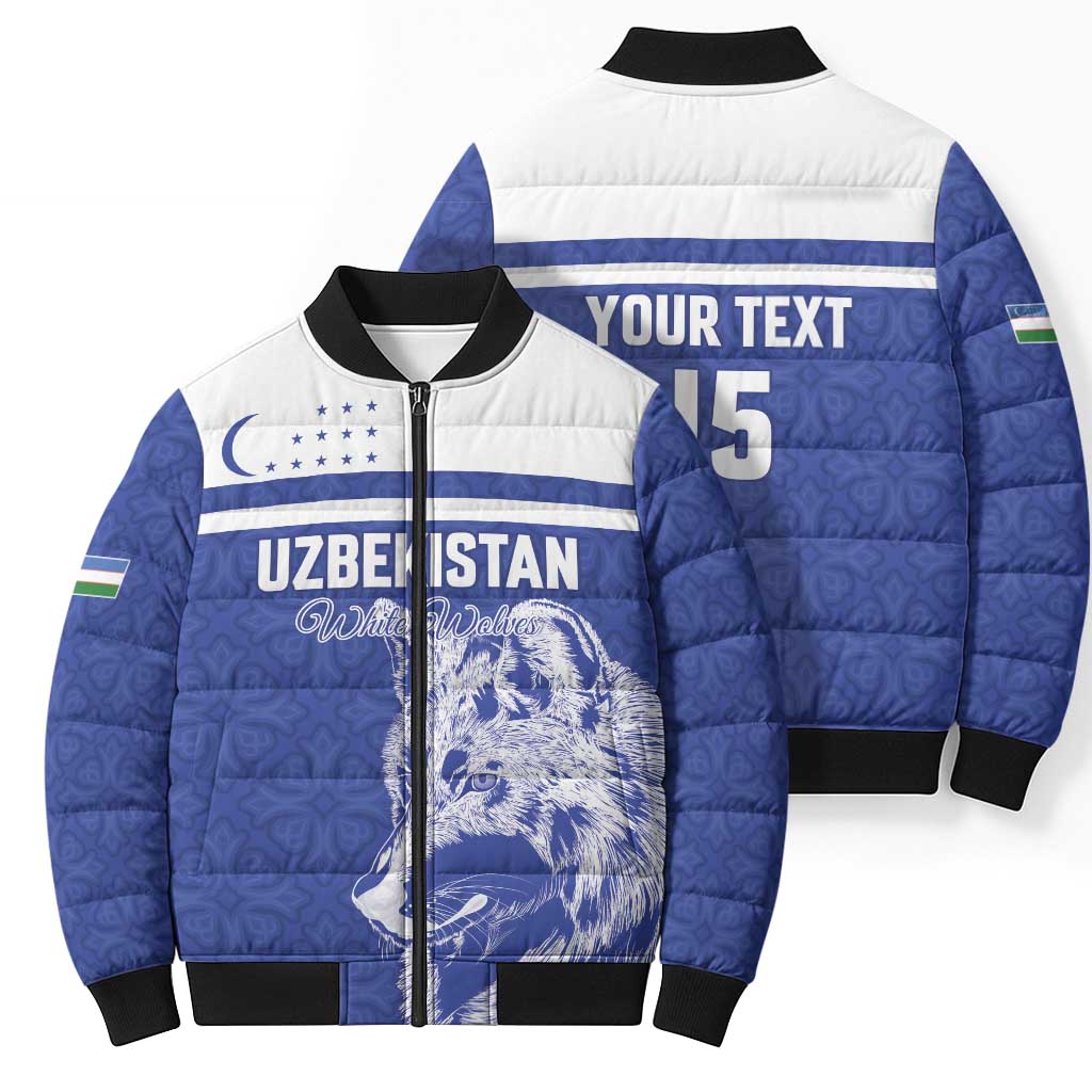 Custom Uzbekistan Football 2026 Bomber Puffer Jacket White Wolves Rising