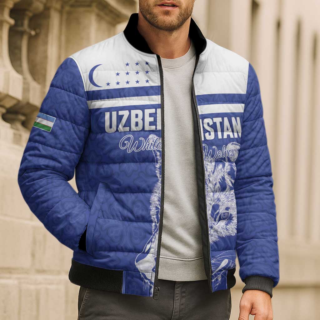 Custom Uzbekistan Football 2026 Bomber Puffer Jacket White Wolves Rising