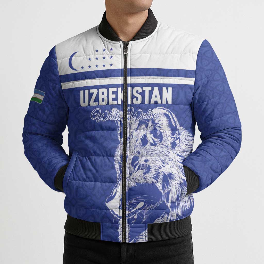 Custom Uzbekistan Football 2026 Bomber Puffer Jacket White Wolves Rising