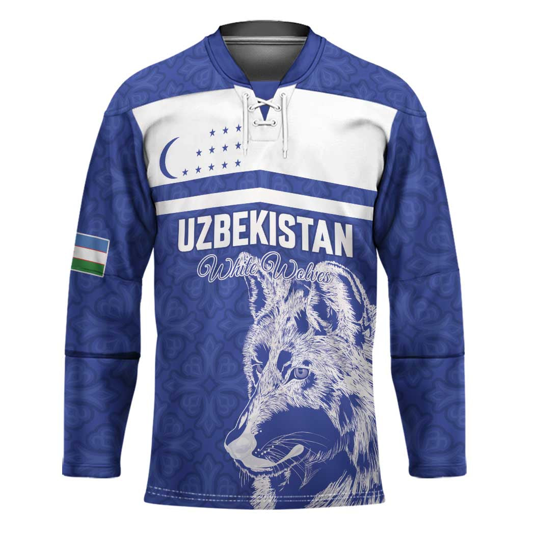 Custom Uzbekistan Football 2026 Hockey Jersey White Wolves Rising