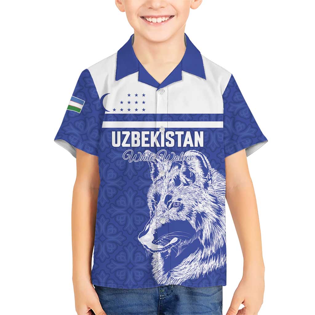 Custom Uzbekistan Football 2026 Kid Hawaiian Shirt White Wolves Rising