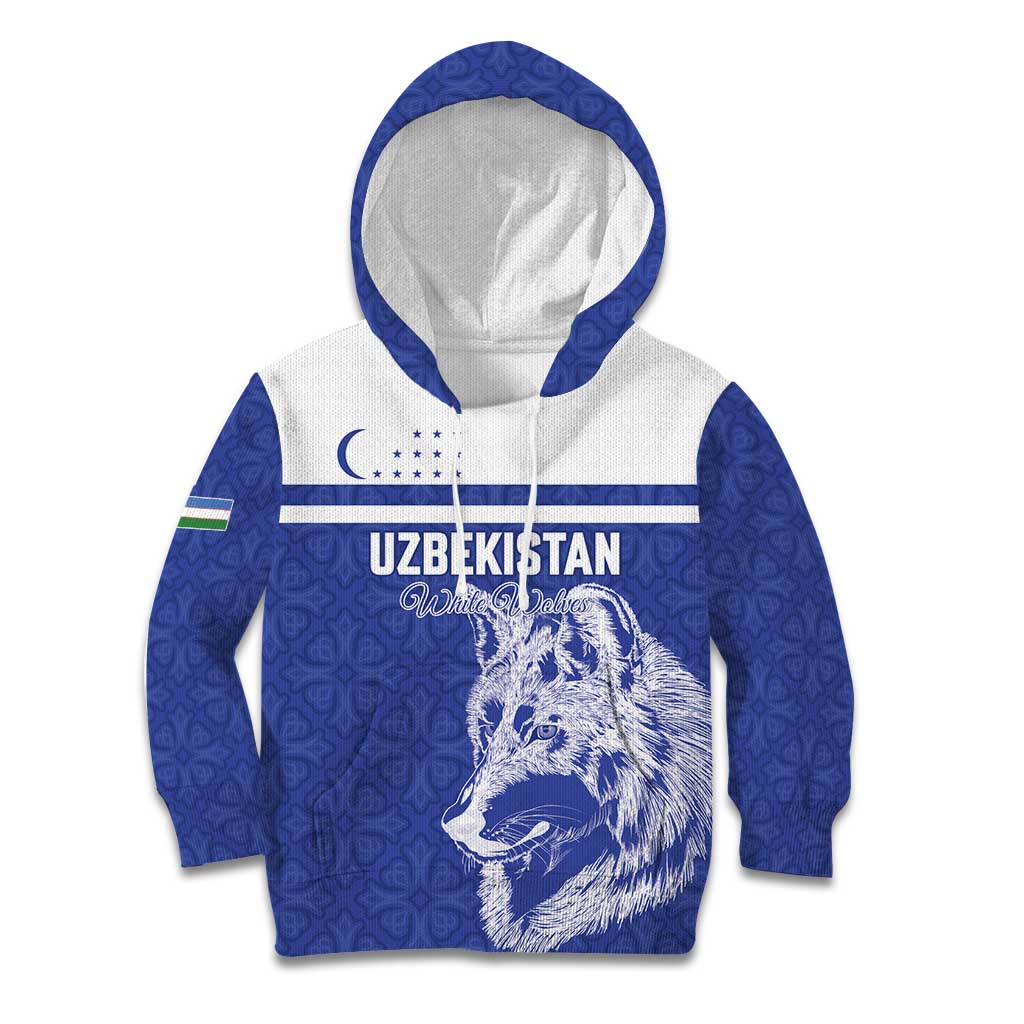 Custom Uzbekistan Football 2026 Kid Hoodie White Wolves Rising