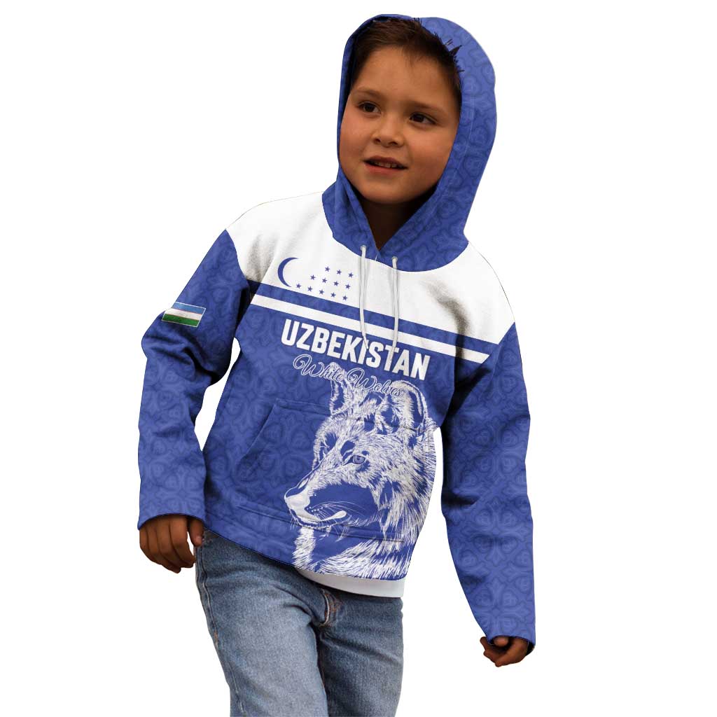 Custom Uzbekistan Football 2026 Kid Hoodie White Wolves Rising