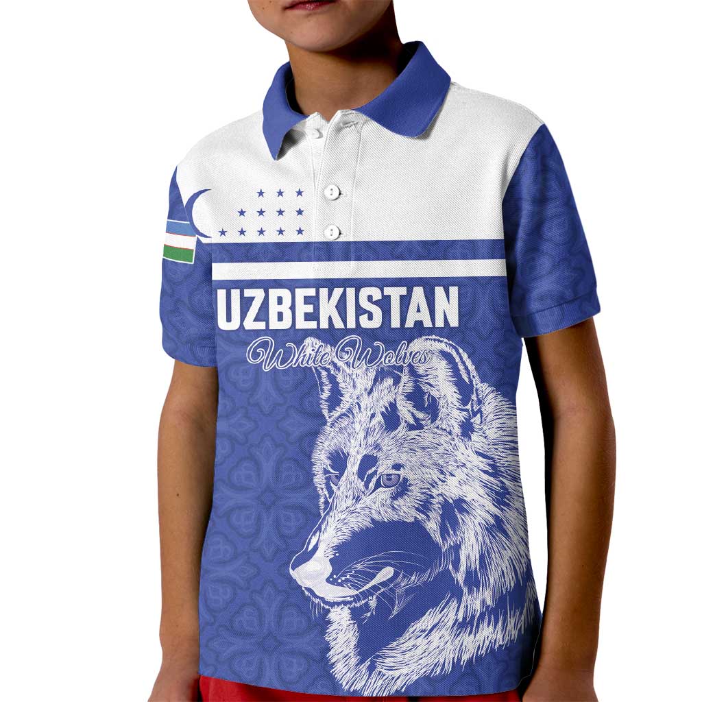 Custom Uzbekistan Football 2026 Kid Polo Shirt White Wolves Rising